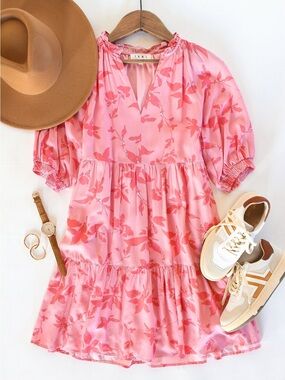 THML Pink Floral Tiered Dress with Puff Sleeves